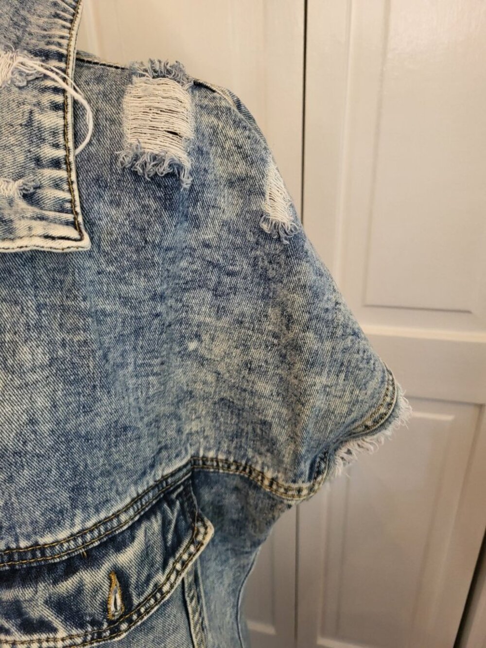 Acid Washed Short Sleeve Denim Jacket Distressed L Grunge Western Streetwear - Picture 4 of 12